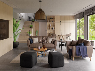 Modern living room interior with earthy tones, open layout, wooden finishes, and large windows that blend indoor comfort with outdoor scenery.
