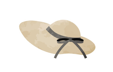 リボンのついたつば広でおしゃれな麦わら帽子のイラスト