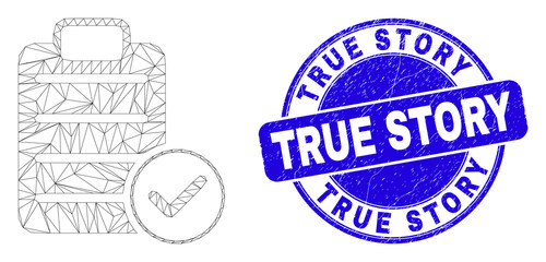 Obraz premium Web carcass accept pad text icon and True Story stamp. Blue vector rounded grunge stamp with True Story text. Abstract carcass mesh polygonal model created from accept pad text icon.