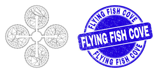Web mesh air copter icon and Flying Fish Cove seal stamp. Blue vector round textured seal stamp with Flying Fish Cove title. Abstract carcass mesh polygonal model created from air copter icon.
