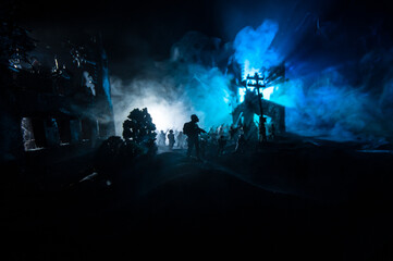 War Concept. Military silhouettes fighting scene on war fog sky background, World War Soldiers...