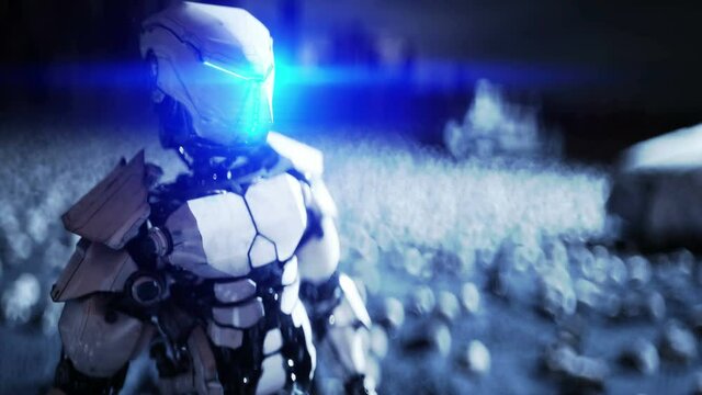 military robot and skulls of people. Dramatic apocalypse super realistic concept. Rise of the Machines. Dark future.