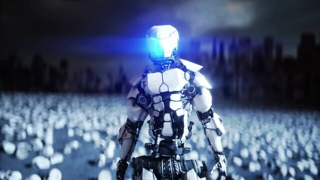 military robot and skulls of people. Dramatic apocalypse super realistic concept. Rise of the Machines. Dark future.