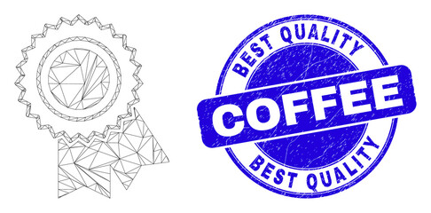 Web carcass award seal pictogram and Best Quality Coffee seal stamp. Blue vector round scratched seal stamp with Best Quality Coffee title.