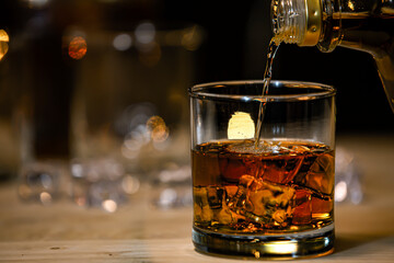 Bartender Serve Whiskey, on wood bar,