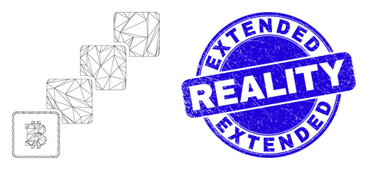 Web mesh bitcoin blockchain icon and Extended Reality seal stamp. Blue vector rounded textured seal stamp with Extended Reality message.