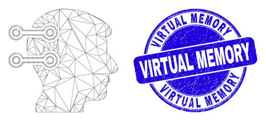 Web mesh brain interface links pictogram and Virtual Memory stamp. Blue vector rounded distress stamp with Virtual Memory message.