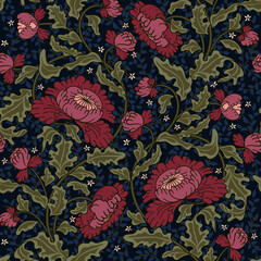 Intertwining branches with blue leaves on a dark blue background. Vintage decorative seamless pattern.