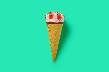 top view fresh strawberry flavor ice cream cone on green background