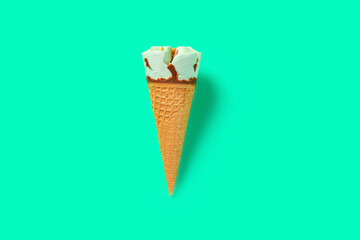 top view fresh hami melon and oats flavor ice cream cone on green background