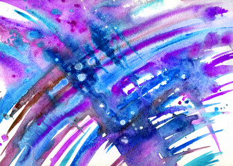 Abstraction from strokes in in violet blue tones, expressive watercolor painting, print for poster and other designs.