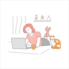 Young woman freelancer is working on laptop at home. Businesswoman works remotely, isolated on white background. Self employed girl lying down and studying. Home office. Flat vector illustration