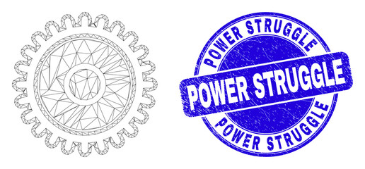 Fototapeta premium Web carcass cog icon and Power Struggle watermark. Blue vector round distress watermark with Power Struggle caption. Abstract carcass mesh polygonal model created from cog icon.