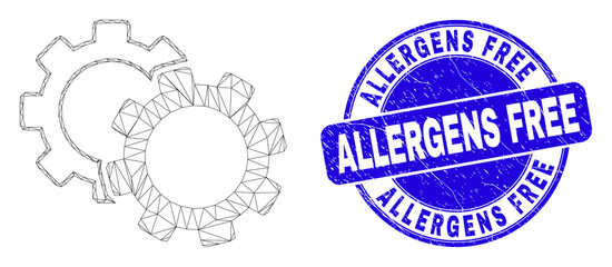 Web mesh cogs icon and Allergens Free seal. Blue vector round distress watermark with Allergens Free phrase. Abstract carcass mesh polygonal model created from cogs icon.