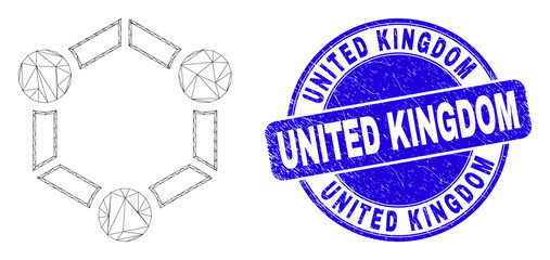 Web carcass cooperation icon and United Kingdom seal. Blue vector round distress seal with United Kingdom title. Abstract carcass mesh polygonal model created from cooperation icon.