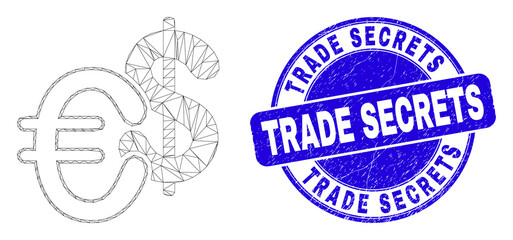 Web mesh currency icon and Trade Secrets stamp. Blue vector round textured seal stamp with Trade Secrets caption. Abstract frame mesh polygonal model created from currency icon.