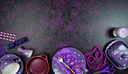Purple aesthetic creative concept flatlay with purple theme kitchen and tableware. Top view overhead with negative copy space.