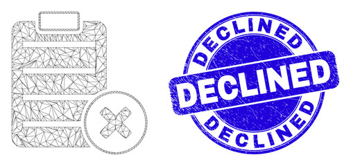 Web mesh delete report page pictogram and Declined watermark. Blue vector round scratched watermark with Declined title.
