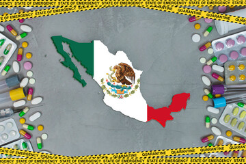 Mexico is struggling with an epidemic coronavirus pandemic. Mexico quarantine measures and coronavirus. Medicine, drugs, needles, syringes and Mexico map and flag over gray background.