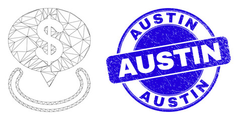Web mesh dollar placement pictogram and Austin seal stamp. Blue vector rounded grunge seal stamp with Austin message. Abstract frame mesh polygonal model created from dollar placement pictogram.