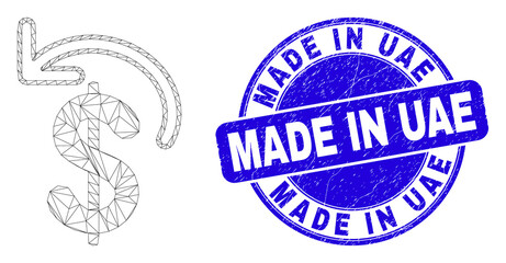 Web carcass dollar refund icon and Made in Uae stamp. Blue vector round grunge seal stamp with Made in Uae text. Abstract frame mesh polygonal model created from dollar refund icon.