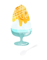 マンゴーソースがたっぷりかかったかき氷のイラスト　水彩風