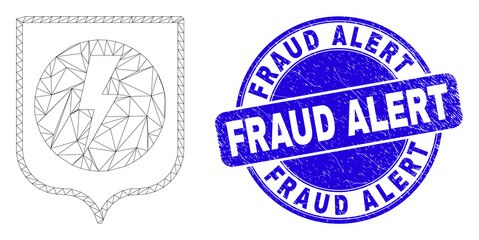 Web carcass electric shield icon and Fraud Alert stamp. Blue vector round scratched seal stamp with Fraud Alert text. Abstract carcass mesh polygonal model created from electric shield icon.