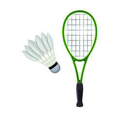 Colorful Racket and shuttlecock. Vector illustration of equipment for badminton game sport isolated on background in flat design.