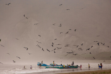 Pesqueros en playa de ecuador - obrazy, fototapety, plakaty