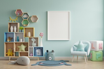 Mock up poster frame in children room,kids room,nursery mockup,blue wall.