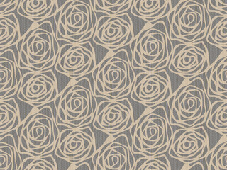 Hand drawn swirl rose flower on canvas pattern seamless repeat background