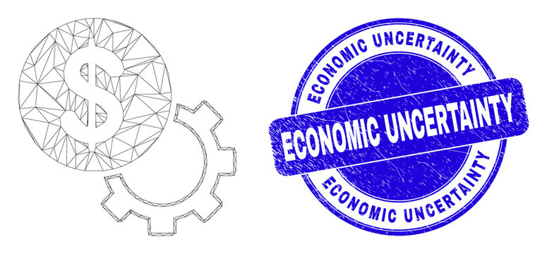 Web Mesh Financial Options Gear Icon And Economic Uncertainty Seal Stamp. Blue Vector Rounded Grunge Seal Stamp With Economic Uncertainty Phrase.