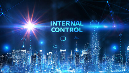 Businessman presses button internal control on virtual screens. Business, Technology, Internet and network concept.