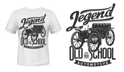 Vintage car t-shirt print mockup, retro automobile. Vintage auto and classic vehicles club, old school grunge and automotive legend garage symbol of limousine car for t shirt print - obrazy, fototapety, plakaty