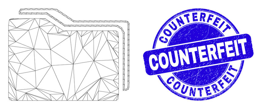 Web mesh folders icon and Counterfeit stamp. Blue vector rounded grunge seal stamp with Counterfeit title. Abstract carcass mesh polygonal model created from folders icon.