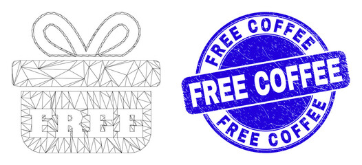 Obraz premium Web mesh free gift icon and Free Coffee seal stamp. Blue vector round textured seal stamp with Free Coffee phrase. Abstract carcass mesh polygonal model created from free gift icon.