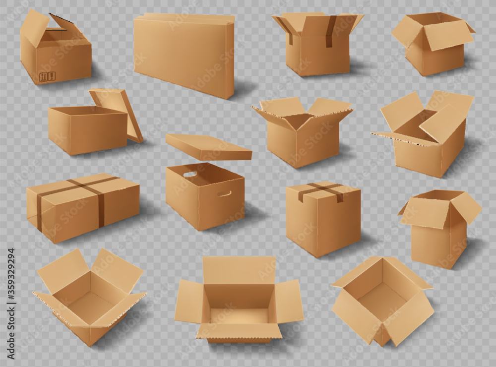 Wall mural Cardboard boxes, packages and delivery carton cargo packs, vector realistic mockups. Brown cardboard boxes open and closed with adhesive tape, square rectangular storage and delivery shipping packs