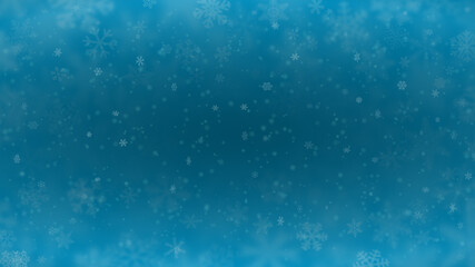 Christmas background of snowflakes of different shapes, sizes, blur and transparency in light blue colors