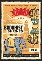 Obraz premium Buddhism religion vector posters, Buddhist Tibet temples and shrines, Tibetan religious tourism tours. Buddhist monks temples, stupa shrines and Buddhism symbols of white elephant and lotus flower