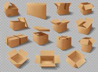 Cardboard boxes, packages and delivery carton cargo packs, vector realistic mockups. Brown cardboard boxes open and closed with adhesive tape, square rectangular storage and delivery shipping packs - obrazy, fototapety, plakaty