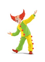 Fototapeta na wymiar Clown, big top circus shapito clown in red wig, funfair carnival vector isolated cartoon character. Retro big top circus bald clown in green and yellow pom-poms costume, entertainment show