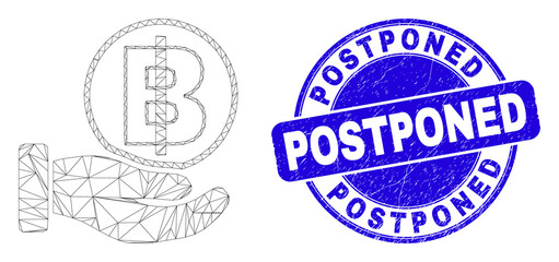 Fototapeta premium Web mesh hand offer bitcoin pictogram and Postponed seal. Blue vector round scratched seal with Postponed text. Abstract frame mesh polygonal model created from hand offer bitcoin pictogram.