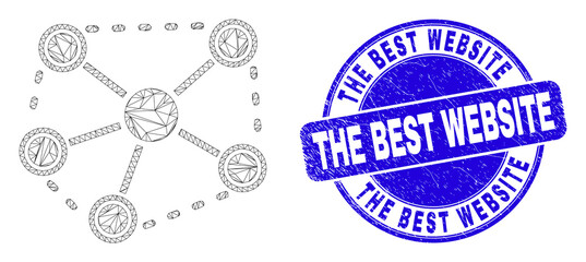 Fototapeta premium Web mesh links icon and The Best Website seal. Blue vector rounded grunge seal with The Best Website message. Abstract carcass mesh polygonal model created from links icon.