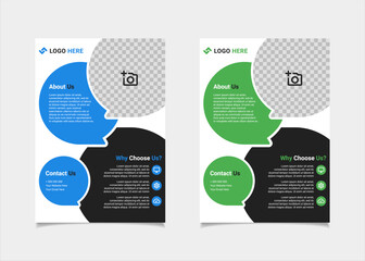Business flyer template vector design, A4 brochure template blue and green geometry shapes used for business poster layout, IT Company flyer, corporate banners, and leaflets