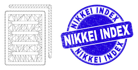 Web carcass list page icon and Nikkei Index stamp. Blue vector round scratched seal stamp with Nikkei Index caption. Abstract frame mesh polygonal model created from list page pictogram.