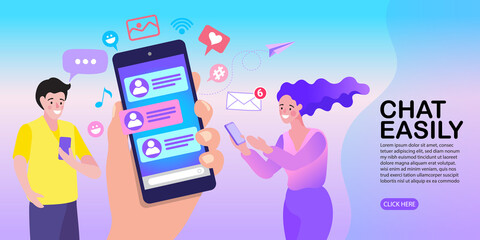 Online chat and social media communication concept. People use a mobile messaging app on their smartphones to send messages, photos, and likes, representing a modern and easy digital conversation.