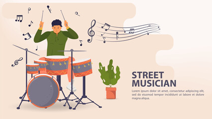 Banner street musician Man playing drums and cymbals musical notes flat vector illustration cartoon