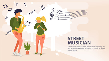 Banner street musician Man playing saxophone woman playing flute musical notes flat vector illustration cartoon © svarog19801