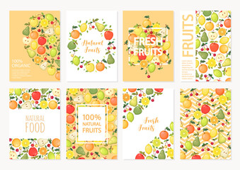 Fototapeta na wymiar Collection of vector cards and banners with colorful cartoon fruits apple, orange, pear, cherry, lemon and lime