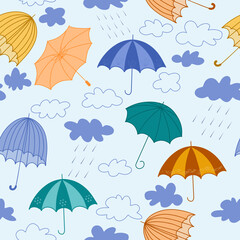 Seamless children's pattern with colorful umbrellas and cloud outlines. Creative children's hand-drawn texture for packaging, textiles, fabric, Wallpaper, clothing. Vector illustration.